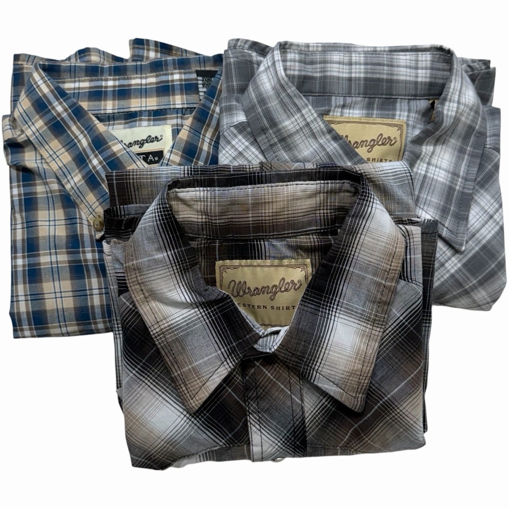Lot Of 3 Wrangler Shirts 2 Western Pearl Snaps Short Sleeve 1 Riata Long Sleeve